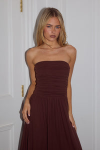 MALONE RUCHED STRAPLESS MAXI DRESS - ESPRESSO
