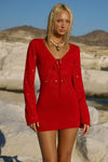 MILAH V-NECK KNIT MINI DRESS - RED
