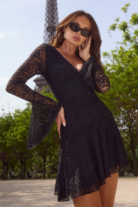 NATALYA SLEEVED LACE MINI DRESS - BLACK