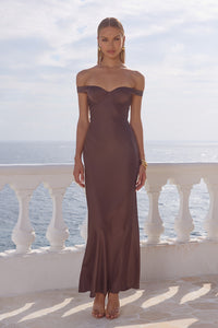 RAPHAELLA OFF SHOULDER MAXI DRESS - BITTER CHOCOLATE