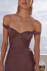 RAPHAELLA OFF SHOULDER MAXI DRESS - BITTER CHOCOLATE
