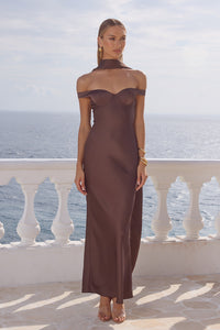RAPHAELLA OFF SHOULDER MAXI DRESS - BITTER CHOCOLATE