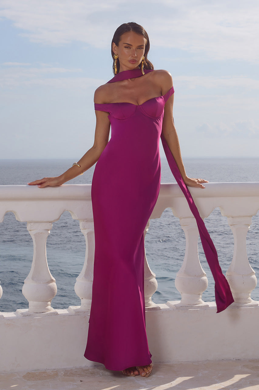 RAPHAELLA OFF SHOULDER MAXI DRESS - PLUM