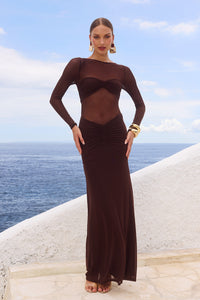 ROMY SLEEVED RUCHED MAXI DRESS - BITTER CHOCOLATE