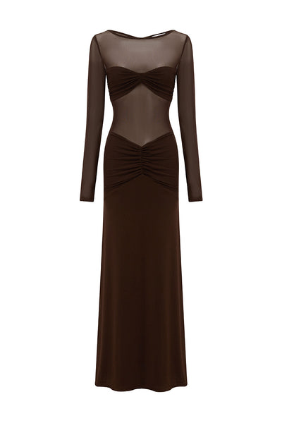 ROMY SLEEVED RUCHED MAXI DRESS - BITTER CHOCOLATE