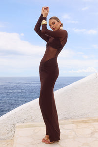 ROMY SLEEVED RUCHED MAXI DRESS - BITTER CHOCOLATE