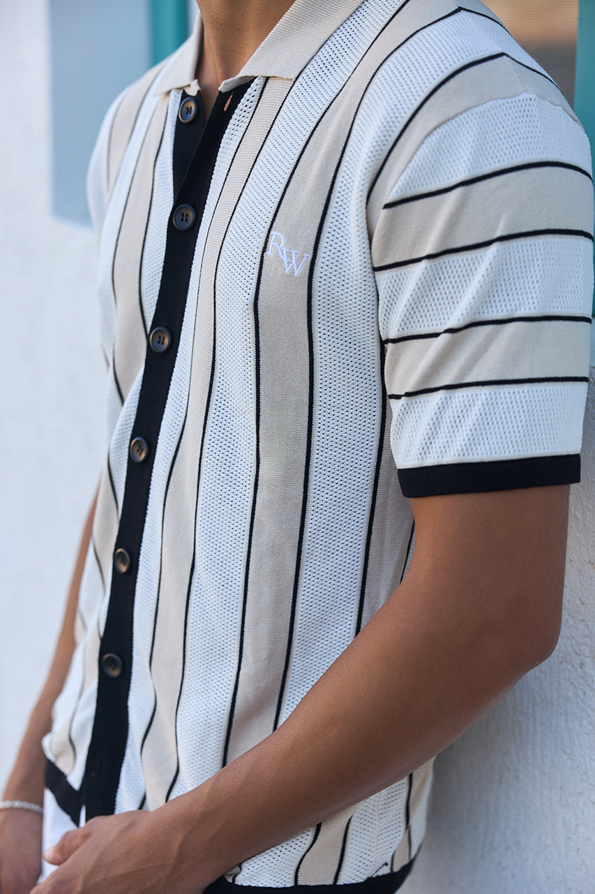 RONALDO COLLARED KNIT TOP - SAND STRIPE