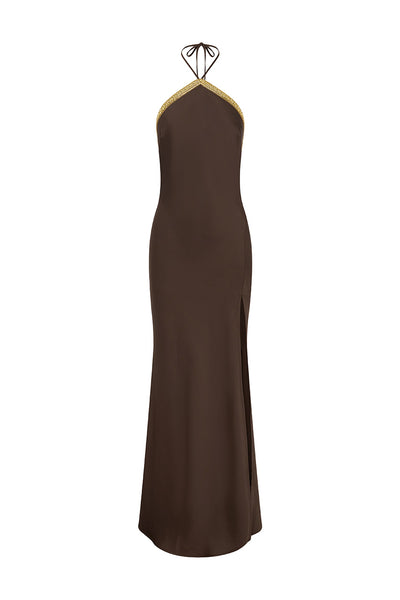 SHAE HALTER MAXI DRESS - BITTER CHOCOLATE