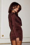 TATE SLEEVED COWL MINI DRESS - BITTER CHOCOLATE