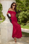 VANEYA OFF SHOULDER LACE MAXI DRESS - BERRY