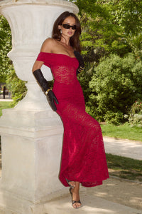 VANEYA OFF SHOULDER LACE MAXI DRESS - BERRY