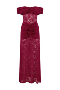 VANEYA OFF SHOULDER LACE MAXI DRESS - BERRY