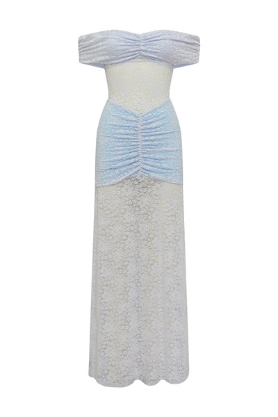 VANEYA OFF SHOULDER LACE MAXI DRESS - BLUEBELL