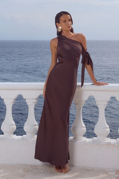 VIOLA ONE SHOULDER MAXI DRESS - BITTER CHOCOLATE