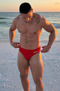 EMILIO PRINTED RACER SWIM BRIEF - RED/RNWY PRINT