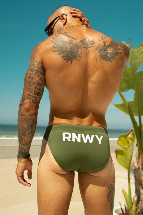 EMILIO PRINTED RACER SWIM BRIEF - KHAKI/RNWY PRINT